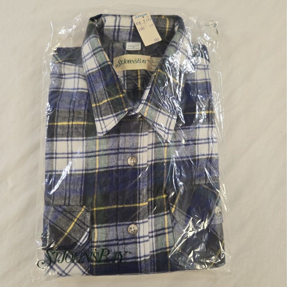 Vintage St. Johns Bay Flannel Mens Large Tall Made In USA 100% Cotton Blue Green